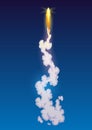 Rocket trail fire smoke, spaceship launch with clouds, spaceflight effects. Space rocket of galaxy shuttle or spacecraft