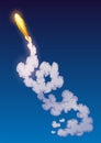 Rocket trail fire smoke, spaceship launch with clouds, spaceflight effects. Space rocket of galaxy shuttle or spacecraft Royalty Free Stock Photo