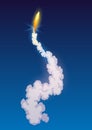 Rocket trail fire smoke, spaceship launch with clouds, spaceflight effects. Space rocket of galaxy shuttle or spacecraft Royalty Free Stock Photo