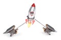 The rocket is trying to get off the ground, tied by a chain to an anvil. Startup concept, problems, new beginning, getting out of