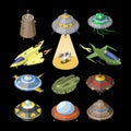 Rocket vector spaceship or rocketship and spacy ufo illustration set of spaced ship or spacecraft flying in universe