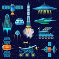 Rocket vector spaceship or spacecraft and satellite or lunar-rover illustration set of spaced ship in universe space