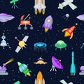 Rocket vector spaceship or spacecraft with satellite and spacy ufo illustration set of spaced ship or rocketship in