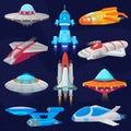 Rocket vector spaceship or spacecraft and spacy ufo illustration set of spaced ship or rocketship in universe space Royalty Free Stock Photo