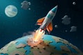 Rocketing into fun child centric space cartoon background with a rocket