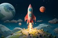 Rocketing into fun child centric space cartoon background with a rocket