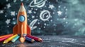 Rocketing Towards Success: Startup Concept Sketch on Blackboard with Colorful Pencils for Back to School Royalty Free Stock Photo