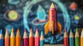 Rocketing Towards Success: Startup Concept Sketch on Blackboard with Colorful Pencils for Back to School