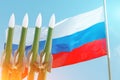 Rockets background Russian Federation of Russia flag. Treaty on the Elimination of Intermediate-range and Shorter-range
