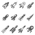 Rockets bold black silhouette icons set isolated on white. Spaceship, flying spacecraft pictograms.