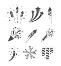 Rockets and fireworks bursting set in grayscale silhouette over white background Royalty Free Stock Photo