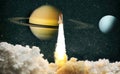 Rockets launch into space on Saturn the starry sky. Rocket starts into space concept.Elements of this image furnished by NASA