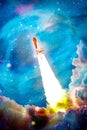 Rockets launch into space on the starry sky. spacecraft flies into space with clouds of smoke. Elements of this image furnished by Royalty Free Stock Photo