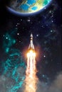 Rockets launch into space on the starry sky. spacecraft flies into space with clouds of smoke. Elements of this image furnished by Royalty Free Stock Photo