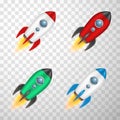 Rockets multicolor metal with circular portholes realistic set. Flying spacecrafts spaceships