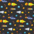 Rockets and planets, bright children's pattern.