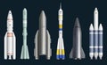 Rockets realistic. Cosmos spaceships for expedition rocket launch missles exploring universe decent vector pictures