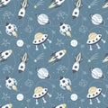 Rockets in space, seamless pattern. Galaxy, dreams, universe. Space trip. Flight among planets and stars. Shuttle, UFO Royalty Free Stock Photo