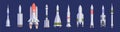 Rockets and spaceships flat vector illustrations set. Space shuttles for universe exploration and interstellar travel