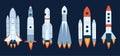 Rockets and spaceships flat vector illustrations set. Space shuttles for universe exploration and Royalty Free Stock Photo