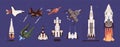 Rockets and spaceships vector set. Spacecraft, planetary exploration and travelling. Cosmic transport. Vehicles