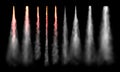 Rockets tracks. Space rocket launch smoke, plane jets track and aircraft smoke cloud realistic vector set Royalty Free Stock Photo