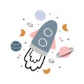 Rocketship and stars on white background Flat icon vector illustration shuttle flying Space travel New project start ideas