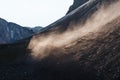 rockfall and fog in rocky mountains