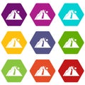 Rockfall icon set color hexahedron