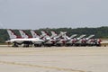 U.S. Air Force Thunderbirds fighter jets in preparation to takeoff at the annual Rockford Airfest on June 3, 2012 in Rockford, IL