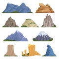 Rockies mountains. Volcano rock snow outdoor various types of relief for climbing and hiking vector cartoon