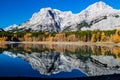 Rockies reflected in Wedge Pond an a crips autumn day. Spray Valley Provincial Park Royalty Free Stock Photo