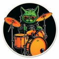 Rocking Black Cat Drummer Sticker By Rooster - Vibrant And Retro Design