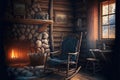 a rocking chair in a rustic cabin with a fire place and a table with a cup of tea on it Royalty Free Stock Photo