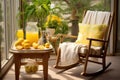 a rocking chair on a screened patio, with a tray of fresh lemonade on the side