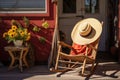 rocking chair with a straw hat and novel on a sunlit patio