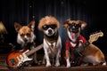 rocking dog with guitar and bandmates in the background, ready to rock out