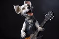 rocking dog, with mic in paw and guitar on its back, looking like the real deal