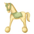 Rocking wooden horse baby toy for little boy. Antique pony on wheels with a green saddle. Hand drawn watercolor