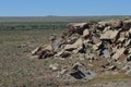 Rockpile ledge of Petrified National Forest desert floor Panorama