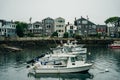 Rockport, MA, USA - oct, 2022 Dinghies and working lobster boats populate Rockport, Massachusetts Harbor