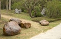 Rocks ,alley and plants arranged in spring park background Royalty Free Stock Photo