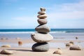 Rocks balancing at beautiful beach. AI Generated Royalty Free Stock Photo