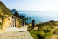 Rocks in the blue sea of Eo Gio cape, Binh Dinh province, Vietnam