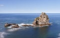 Rocks in the blue waters of the cantabric sea, pendueles beach in Asturias.