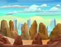 Rocks cliffs stone. Landscape mountainous. Natural land desert. Far horizon. Cartoon style illustration. Vector.