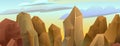 Rocks cliffs stone. Morning sky. Landscape mountainous. Natural land desert. Cartoon style illustration. Vector.