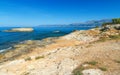 Rocks on the coast of Cretan Sea near Hersonissos, Crete, Greece.