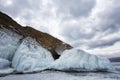 Rocks covered with ice on Lake Baikal Royalty Free Stock Photo