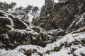 Rocks covered with snow and icicles Royalty Free Stock Photo
